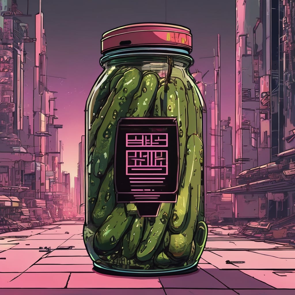 generate an image where there is a pickle with an animated dystopian cyberpunk aesthetic from the scifi anime in the 80s.png