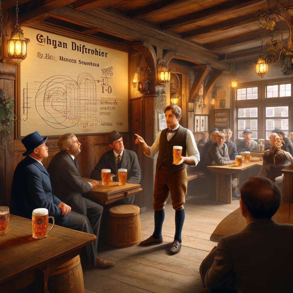 A cozy, Bavarian-style pub scene in Munich with wooden beams and traditional decor. A man, depicting Max von Laue, stands explaining X-ray diffraction, with a beer in hand. He is dressed in early 20th-century academic attire, engaged in conversation with a group of attentive listeners who are a mix of scholars and curious locals. The pub is warmly lit, with rustic wooden tables and traditional German decorations. The atmosphere is inviting, capturing both academic interest and a communal spirit.