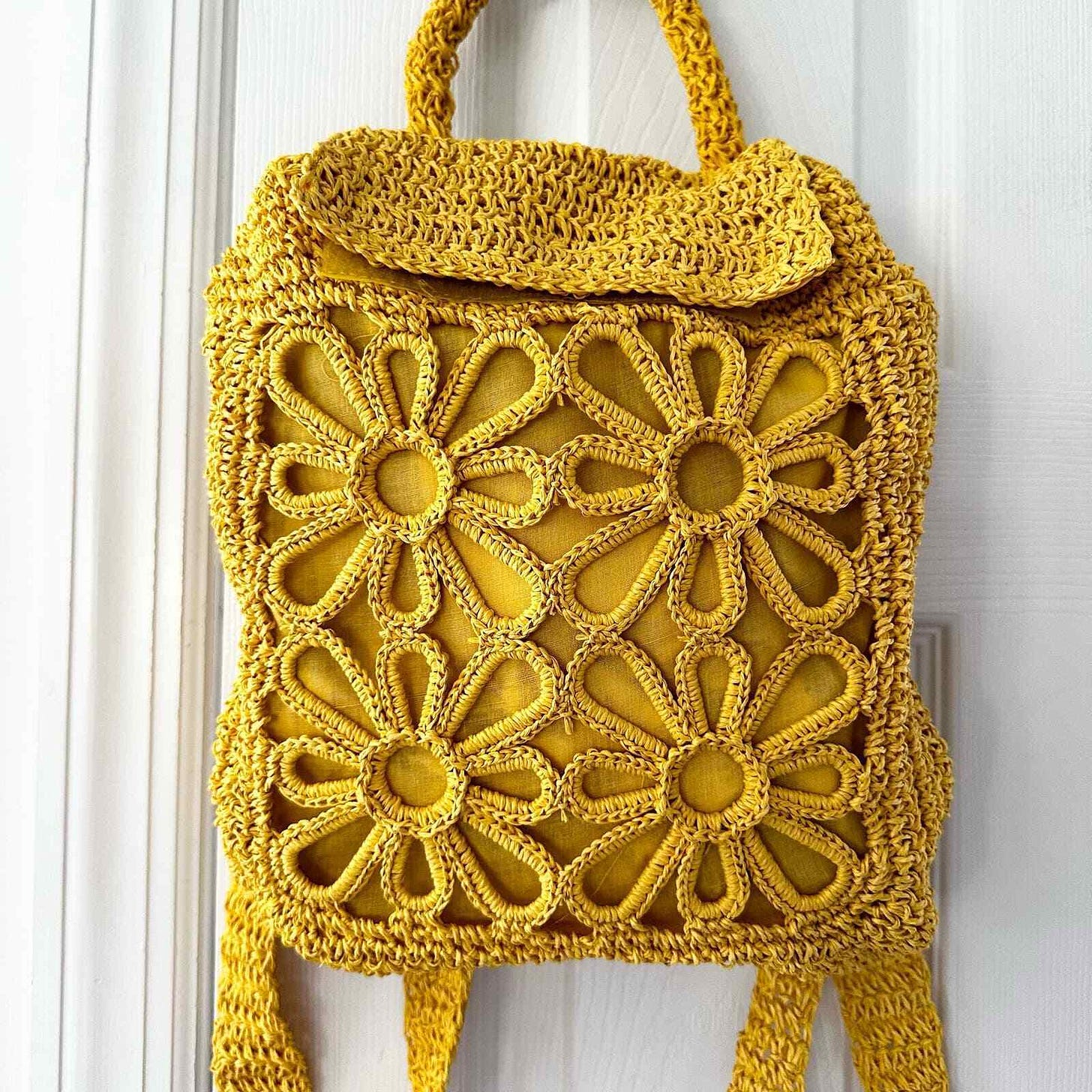 Cappelli Sunflower Yellow Crochet Macrame Daisy 70s Retro Hippy Backpack NWT - Picture 2 of 12
