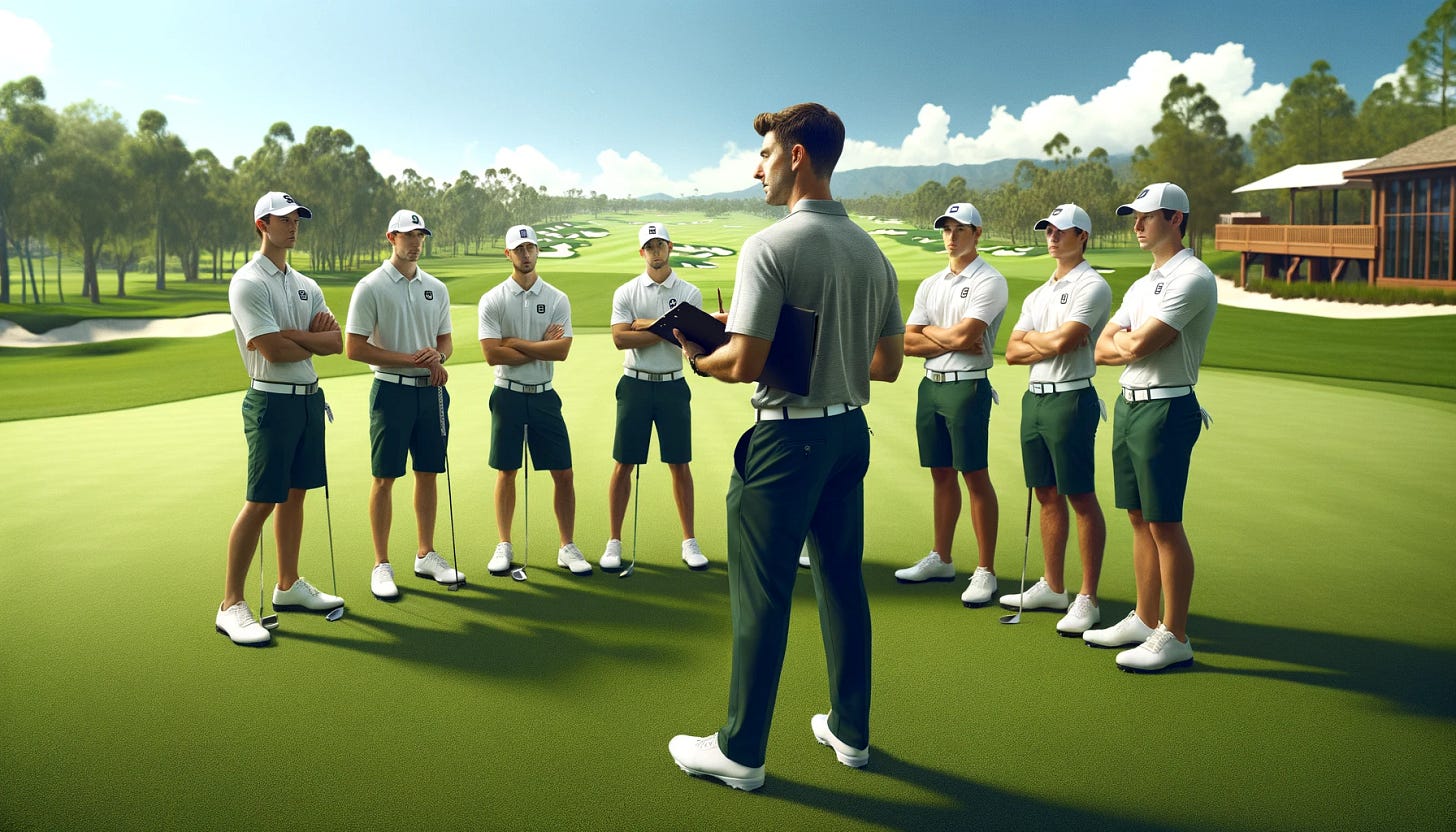 A scene set on a vibrant, green golf course under a bright blue sky, where a college golf coach is engaged in evaluating a group of players standing around him. The coach, dressed in professional, logo-free attire, holds a clipboard and appears to be giving feedback or instructions, his gaze moving from one player to another in thoughtful assessment. The players, also wearing matching, unbranded team outfits, listen attentively, some holding golf clubs, others with hands clasped behind their backs, all clearly focused on the coach's words. The golf course in the background is meticulously maintained, with lush fairways and strategic hazards, reflecting a serious training environment. The image conveys a moment of strategic planning, learning, and team cohesion.