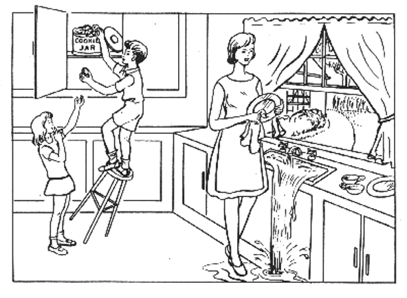 A black and white illutsration of a 1950s style U.S. kitchen with young mum washing up, water spilling over sink onto floor and children stealing cookies from cupboard behind her