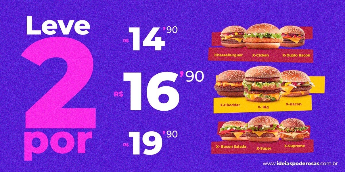 Banner de promoção de sanduíches informando que o cliente leva 2 lanches pelo preço de 1, imagens ilustrativas dos sanduíches e a paleta de cor está em roxo, rosa e branco.