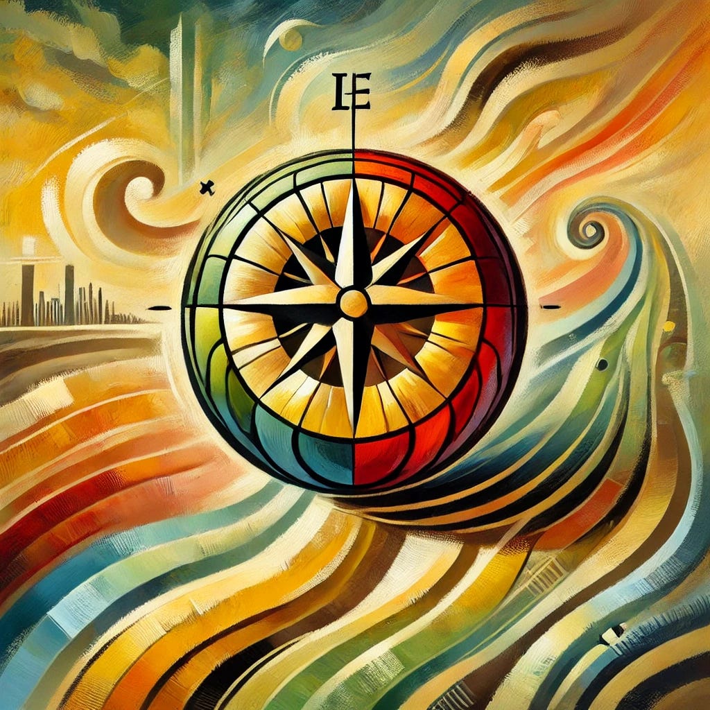 A more refined abstract painting representing migration and economic development. The central object is a striking, stylized globe or compass, symbolizing movement and direction, with vivid hues of yellow, red, and orange to reflect growth, ambition, and mobility. The background uses soft gradients of green, blue, brown, and black to suggest natural landscapes, borders, and the challenges of migration. The composition is balanced and flat, with visible brushstrokes providing texture and energy. The overall mood evokes aspiration, capability, and the transformative power of economic growth on migration, blending harmony and motion in an abstract, playful style.