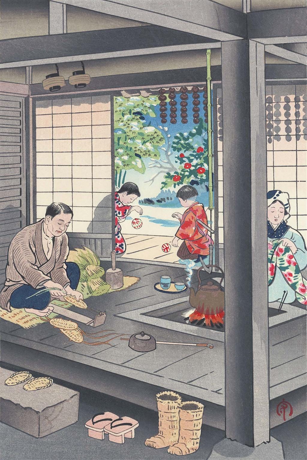 Woodblock print of a  husband and wife working next to the irori, ca. 1950
