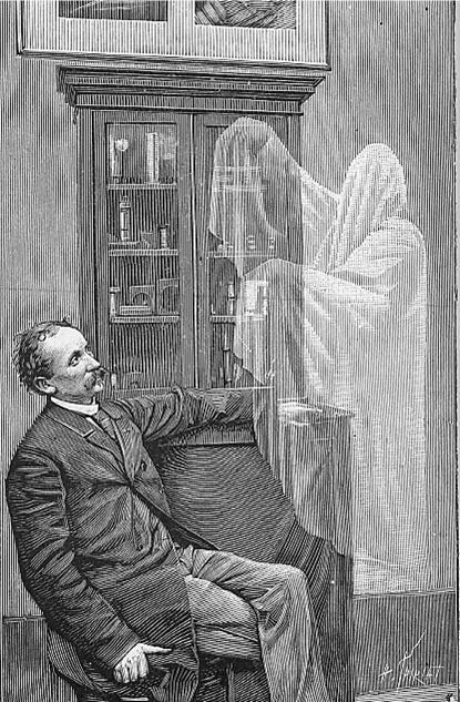 A seated man in Victorian clothing looks up at a transparent, sheet-like spectre. The two figures are in front of a cabinet containing various bottles and packets.