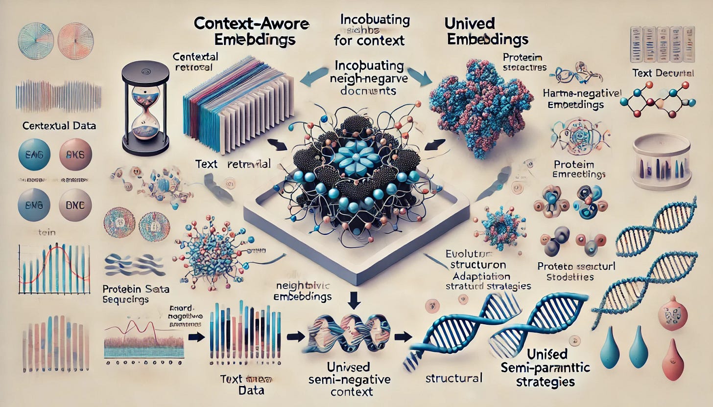 A conceptual framework illustrating the use of context-aware embeddings in text retrieval and protein modeling. The image should have two main sections: one for text retrieval on the left and protein modeling on the right, connected by a central framework labeled 'Unified Semi-Parametric Embeddings'. The left section shows a neural network with text documents and their embeddings, incorporating neighbor documents for context, represented by arrows connecting documents. The right section displays protein sequences, a 3D protein structure, and sequence embeddings, with arrows indicating evolutionary or structural motifs captured by the model. At the center, the framework should highlight key components like 'Contextual Data', 'Hard Negative Mining', and 'Adaptation Strategies'. The background should be subtle and modern, with a clean, professional style.