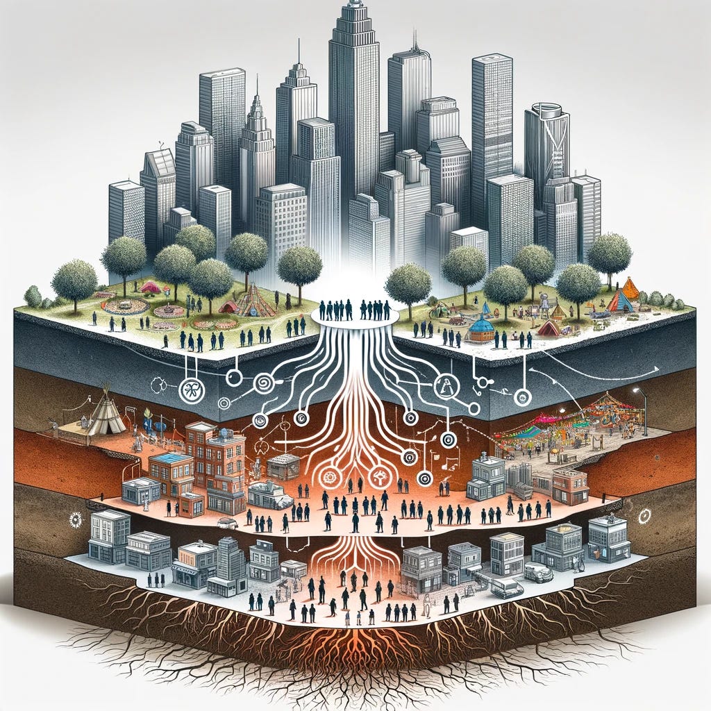 A conceptual illustration of a city growing from small groups to a large, cohesive urban landscape. The image shows layers of different community sizes: starting with a small group of 3-5 people (fireteam), then a neighborhood of 30-50 people (precinct), and finally larger districts. Each level is connected through symbolic representations of cooperation, such as people holding hands, shared symbols like rings or badges, and vibrant cultural events like festivals. The image emphasizes the growth process, with strong, rooted connections at each level, set against a modern city skyline in the background, symbolizing stability and growth from the ground up.