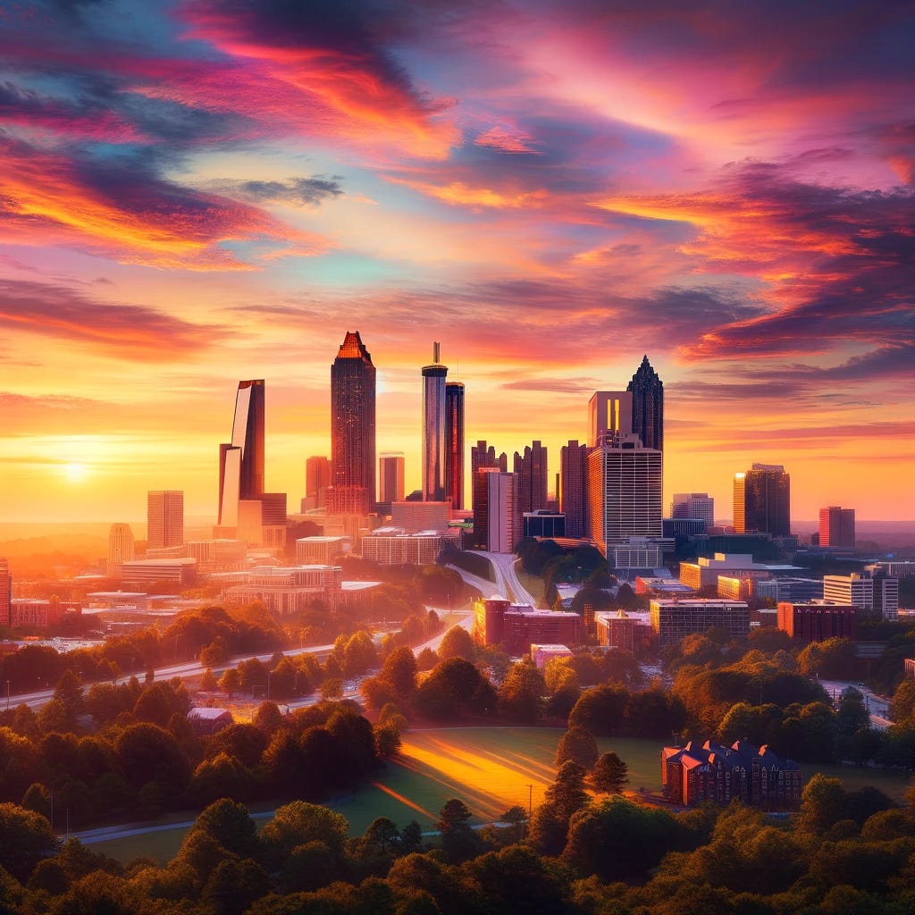 A beautiful sunrise over Atlanta, showcasing the city's skyline with prominent buildings silhouetted against a vibrant sky. The sky is a blend of warm oranges, pinks, and yellows, reflecting off the surfaces of the buildings and creating a picturesque view. The foreground features the peaceful greenery of the city's parks, adding a touch of nature to the urban landscape. The scene conveys a sense of new beginnings and the promise of a beautiful day ahead.