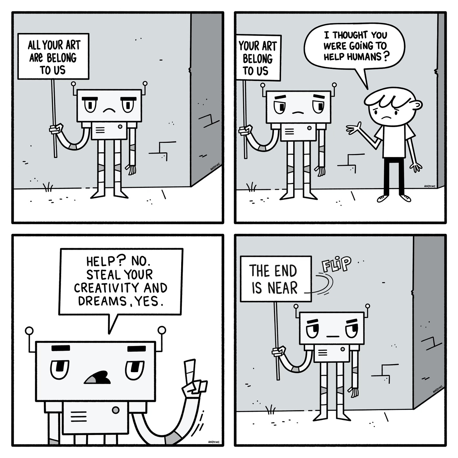 a four panel comic with a sarcastic AI robot