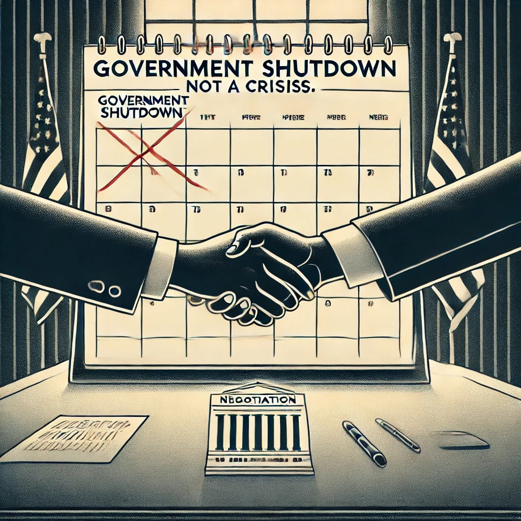 A simple, symbolic illustration showing that a government shutdown is a negotiation, not a crisis. The image features two hands shaking across a negotiation table, with a calendar showing 'Government Shutdown' crossed out and replaced with 'Negotiation in Progress.' The background is calm and orderly, with no signs of panic or distress.