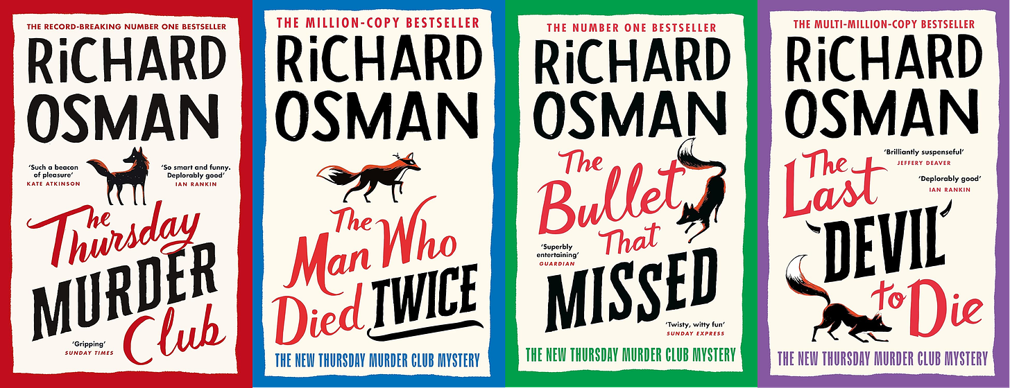 The covers of the four books in the Thursday Murder Club series