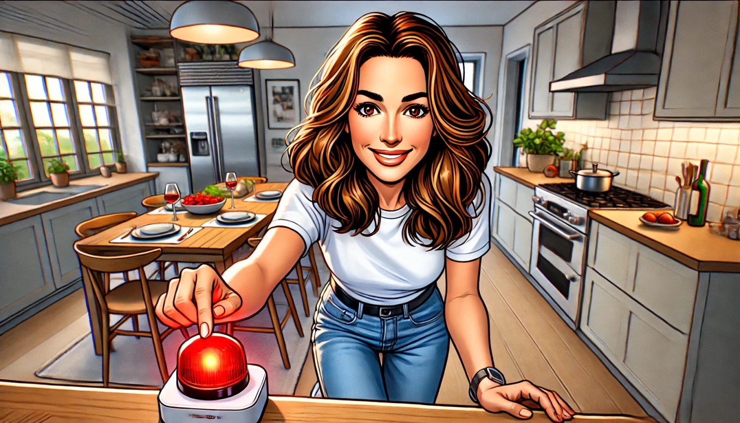 woman pressing red light button in kitchen to signal when dinner is ready