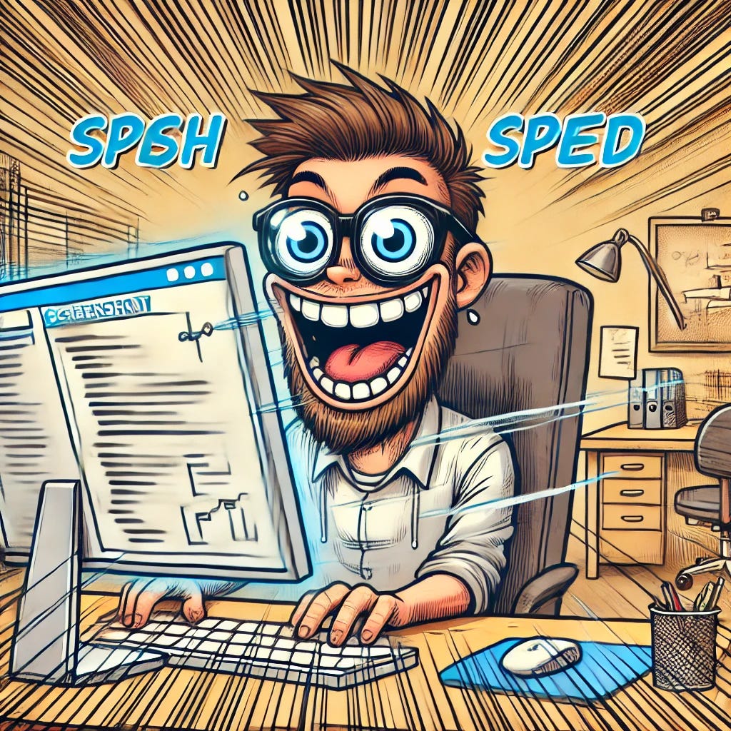 A funny cartoon image of an insanely happy developer working with a screenshot on a computer screen. The developer has a big smile and glasses, showing speed lines around them to demonstrate that they are working fast. The developer is creating a diagram of boxes and arrows on the screenshot. The background includes typical office elements like a desk, a chair, and a coffee cup, with motion blur effects to emphasize speed and productivity.