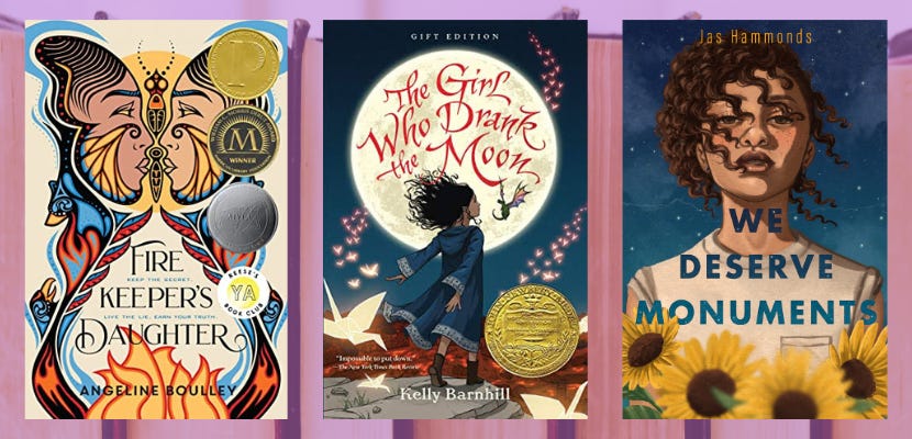Collage of book covers over a purple tinted background of books: Fire Keeper's Daughter by Angeline Boulley, The Girl Who Drank the Moon by Kelly Barnhill, and We Deserve Monuments by Jas Hammonds