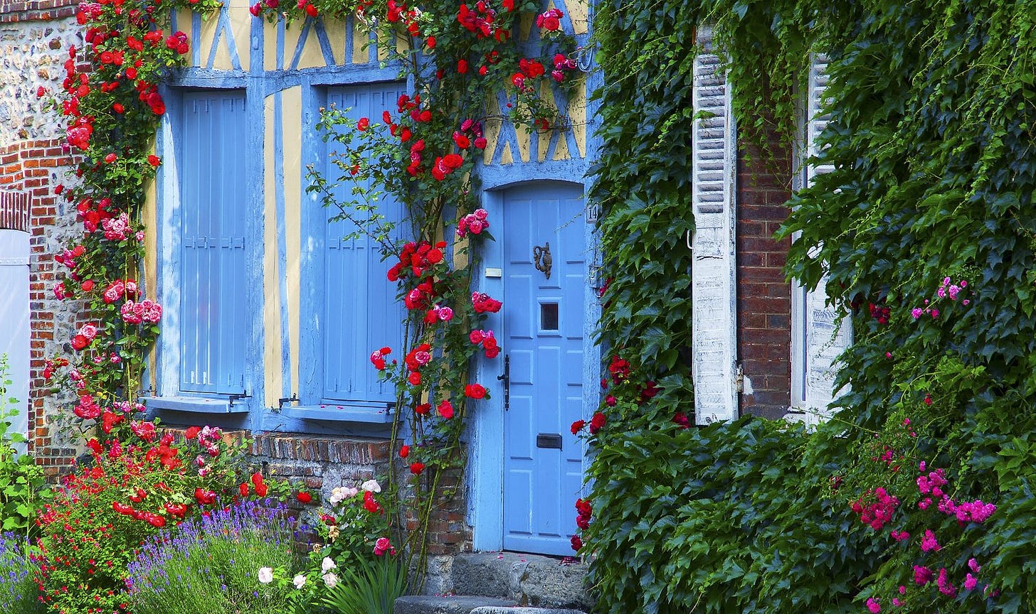 A French blue door covered in roses and ivy