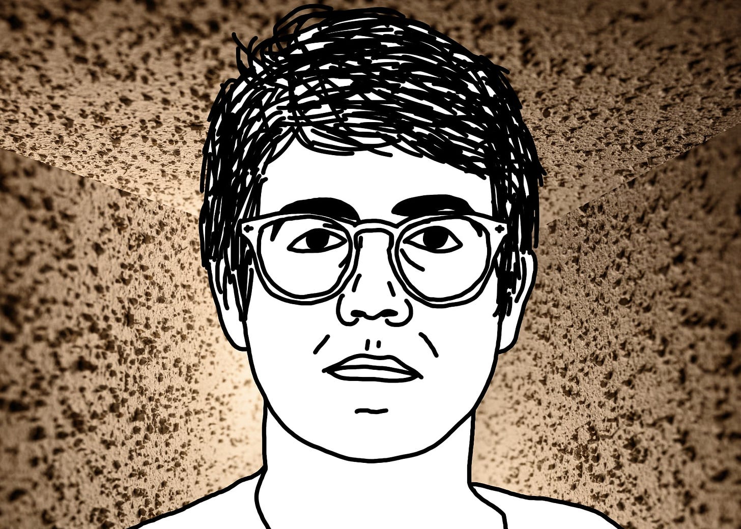 A black line drawing of Alex, the protagonist of "I Hear You Watching." He is white, short messy parted hair, glasses. He stares straight at you, unsmiling. He appears to stand in a small corner of popcorn-textured walls and ceiling.