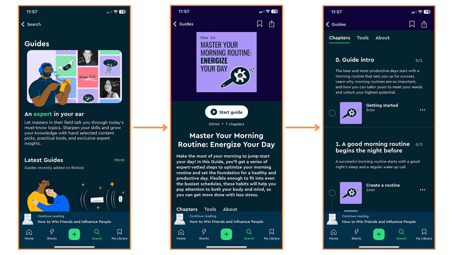 Blinkist’s Guides (mobile app + dark mode)