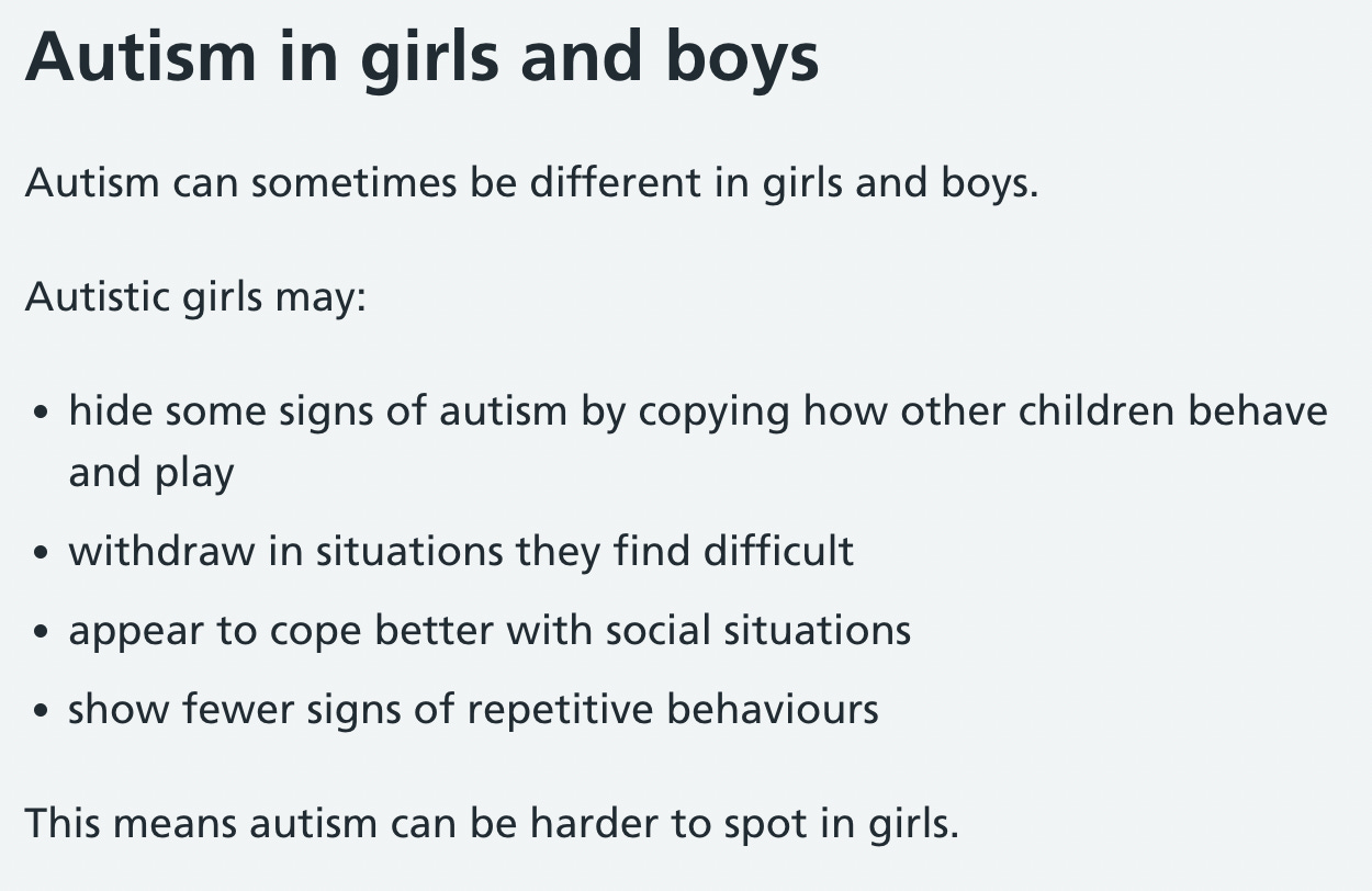 Image of text from NHS website on autism in girls and boys