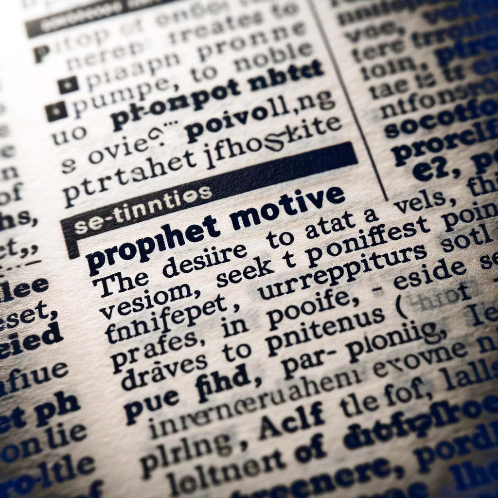 A close-up macro shot of a dictionary page focusing on the term 'Prophet Motive.' The definition reads: 'The desire to manifest a vision, rather than seek profit, that drives entrepreneurs.' The image captures the texture of the paper, the clarity of the printed words, and surrounding words are slightly blurred, emphasizing the term in focus. The dictionary lies open, with natural light highlighting the specific entry, showcasing the seriousness and scholarly context of the term.