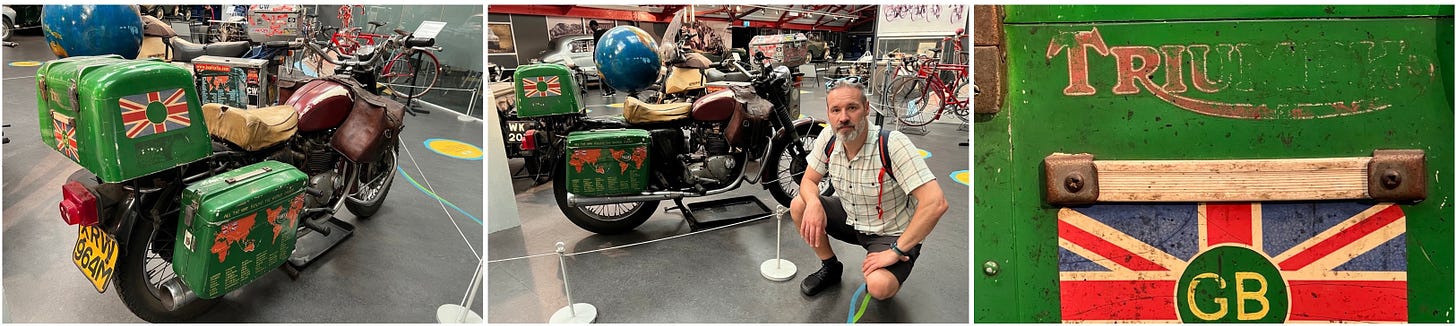 A triptych of three images of Ted Simon's motorbike, one with me, kneeling in front of it