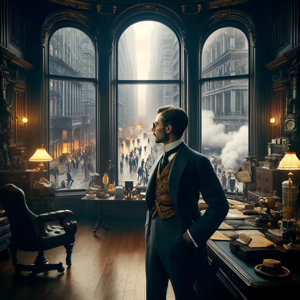 In a richly decorated office from the Gilded Age, an alpha male stands by a large bay window, his demeanor utterly calm as he observes a scene of chaos unfolding outside. The city below is in turmoil—smoke billows from buildings, people run frantically, and the air is filled with the sounds of alarms and chaos. Yet, this figure, dressed in a meticulously tailored suit from the late 19th century, remains a portrait of tranquility. His face, framed by modern sunglasses, shows no sign of distress, embodying an oasis of peace amidst the storm. The office decor includes luxurious furnishings and historical artifacts, providing a sharp contrast to the pandemonium outside, highlighting the man's detachment and control over his environment.
