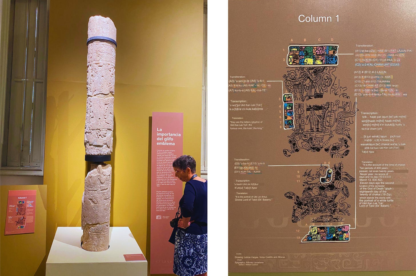 Left: A limestone column from Ek’ Balam, covered with emblem glyphs, which helped archaeologists figure out that Ek’ Balam’s original name was Talol. Right: A Google English translation of the translation of the glyphs.