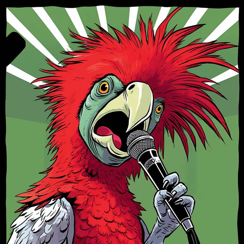 an anthropomorphic parrot singing at a punk rock show in the style of Love and Rockets.