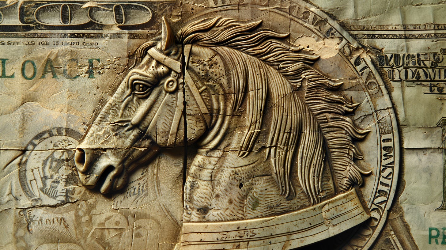 A Trojan horse imprinted on a US dollar, generative AI