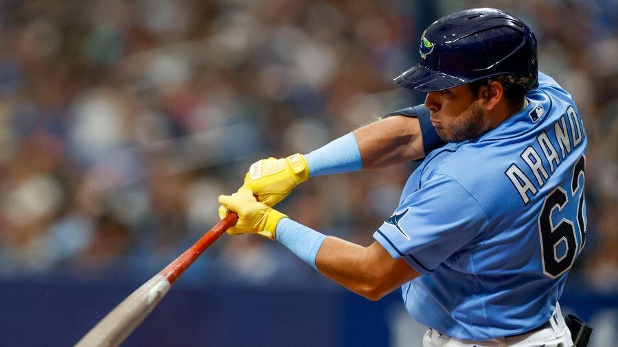 The Rays' Jonathan Aranda hits a double against the Yankees in the ninth inning on Sept. 4.