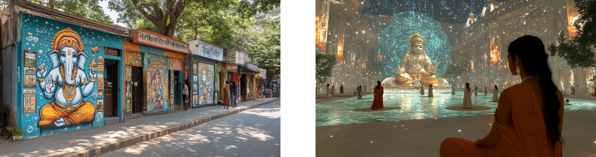 Two-part image: the left side shows a street scene with colorful murals of Ganesha and other deities painted on shopfronts, creating a vibrant, artistic atmosphere in a shaded urban setting. The right side depicts a serene, large-scale digital art installation featuring a golden Ganesha surrounded by a glowing, starry background, with figures seated in meditation around the statue, blending the spiritual with the immersive experience of modern technology.