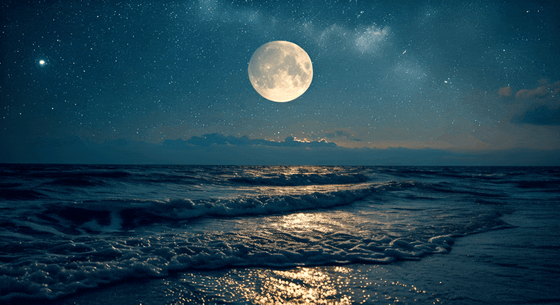 The moon over the ocean, waves rolling in to the beach