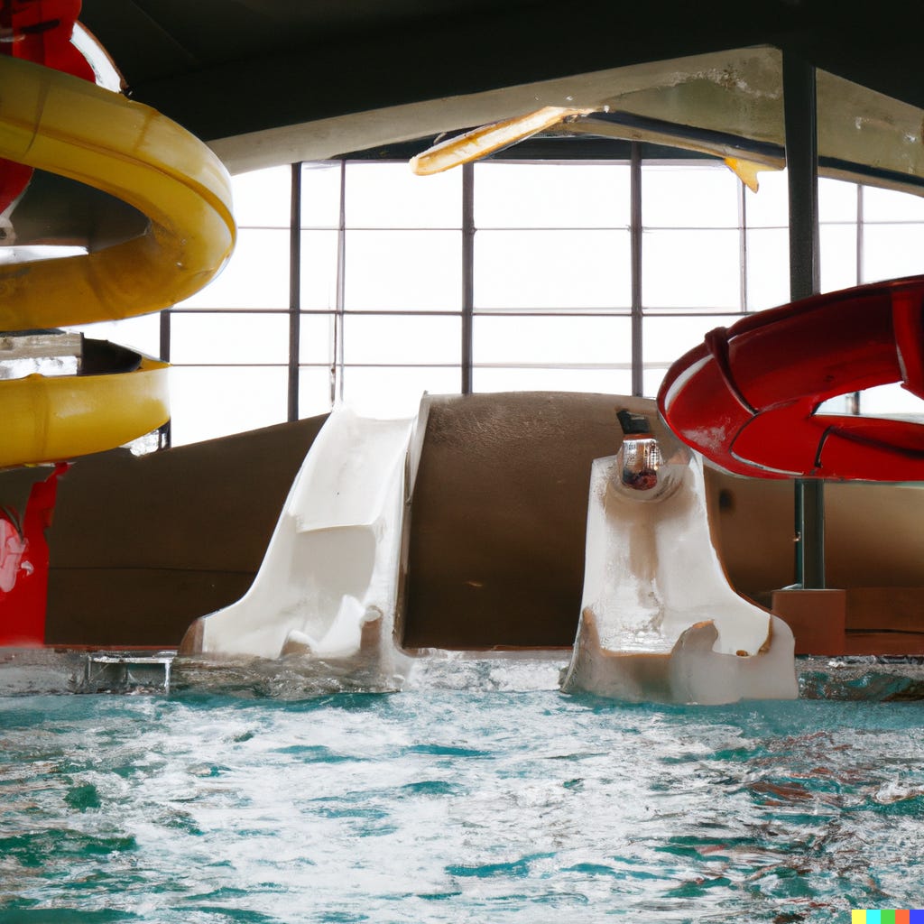 a surreal image of a giant indoor water slide