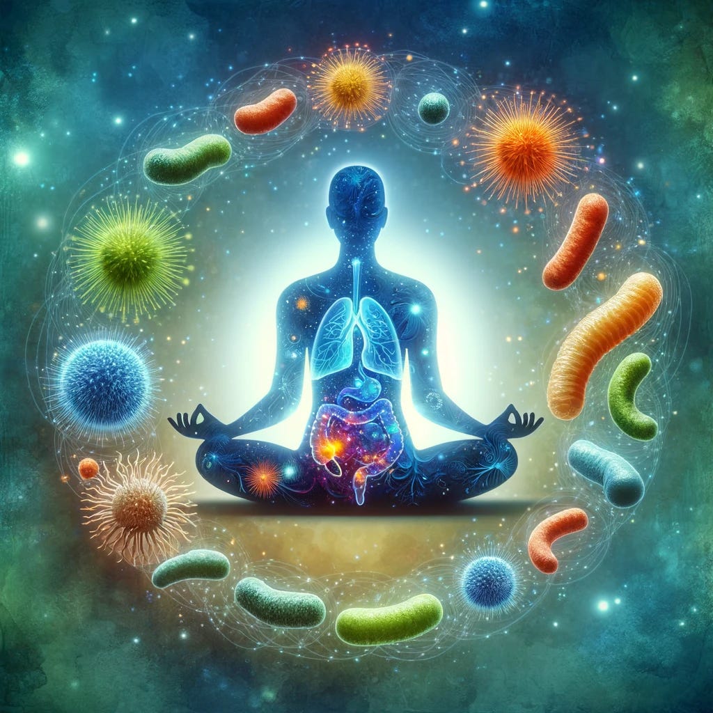 A conceptual image depicting a person sitting in a meditative pose, with an overlay of both serene mental states and a vibrant representation of gut microbiota. This illustration merges the themes of mental well-being and gut health, symbolizing the influence of meditation on the gut microbiome. The person is surrounded by a peaceful aura, while colorful, beneficial bacteria float around, representing the enriched gut microbiota associated with meditation.