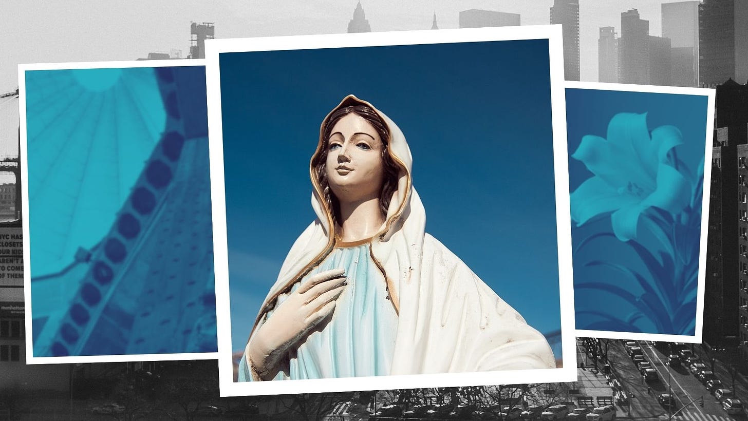 Against a black and white photograph of New York City we see three Polaroid style photographs from left to right one of some architecture the center of a statue of the blessed Virgin Mary against a blue sky and third a white lily