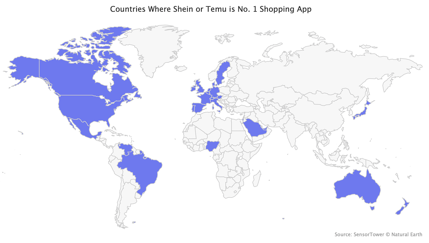 Countries Where Shein or Temu is No. 1 Shopping App