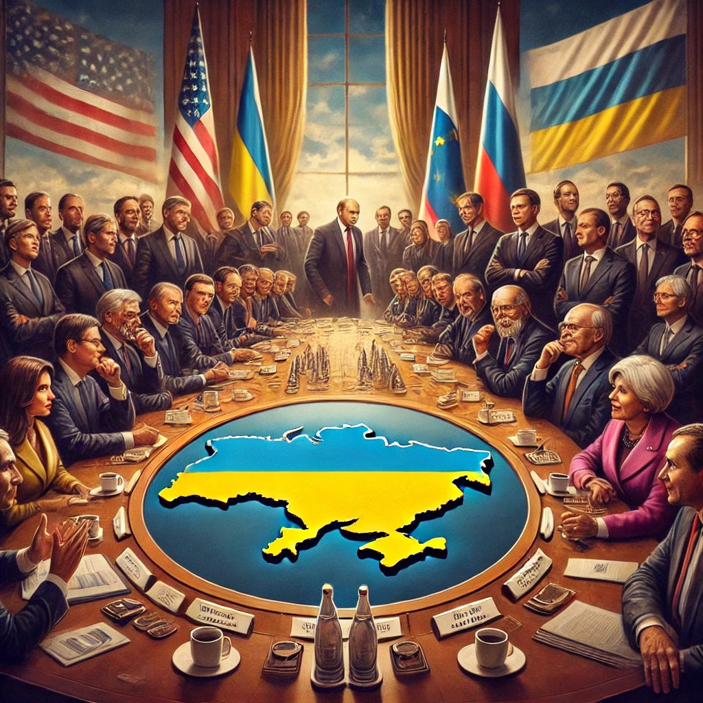 An artistic representation of diplomatic tensions surrounding the Trump-Putin phone call about Ukraine peace talks. The image features a large conference table where representatives from the U.S., Russia, and Ukraine are engaged in discussions. European leaders are positioned in the background, with varied reactions—some appearing supportive, while others look skeptical or concerned. A map of Ukraine is displayed prominently at the center of the table, symbolizing the focal point of the negotiations. The scene uses a mix of warm and cool tones to contrast diplomatic optimism with underlying geopolitical tension.