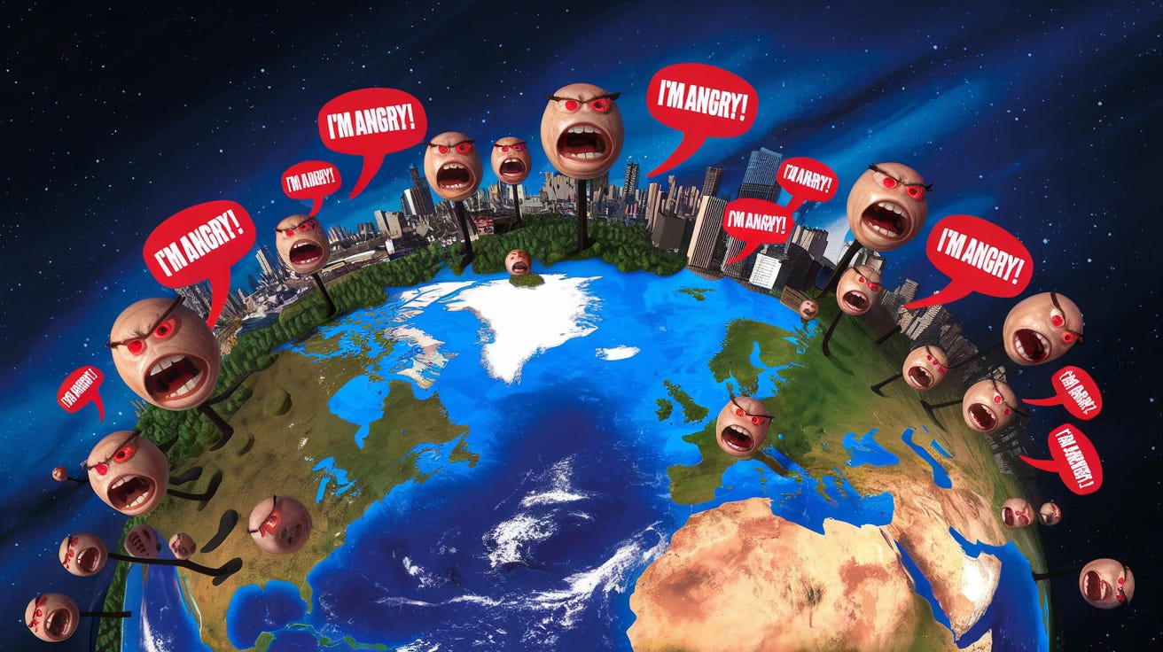 the Earth seen in space with lots of angry voices coming out of it in speech bubbles