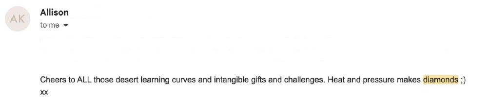 Screenshot image of email text that reads, “Cheers to ALL those desert learning curves and intangible gifts and challenges. Heat and pressure makes diamonds ;) xx.”