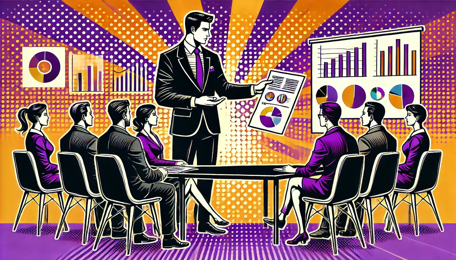 A pop art style illustration depicting a startup founder presenting a report to investors. The color palette is restricted to bright purple, bright orange, black, and white, with a white background. The design features a clean and minimal composition: a founder handing over a document with charts and graphs to a group of investors, symbolizing communication and growth strategy. The scene captures the essence of a professional yet dynamic interaction between startups and investors.