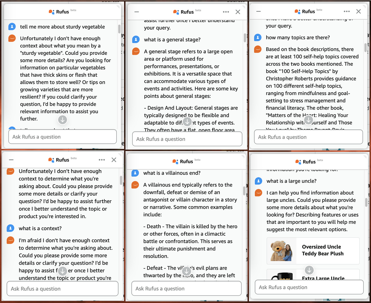 collage of conversations between Amazon's "Rufus" chatbot and the random question bot