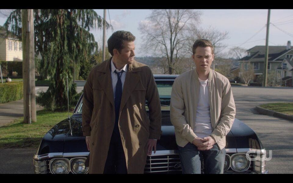 SPN Castiel sits with Jack on Impala Destiny