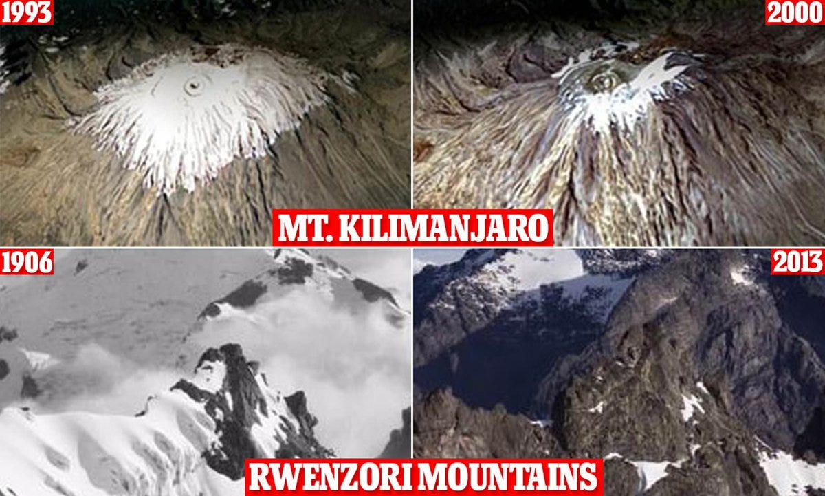 A series of photos showing shrinking glaciers over time on Mt Kilimanjaro and the Rwenzori Mountains