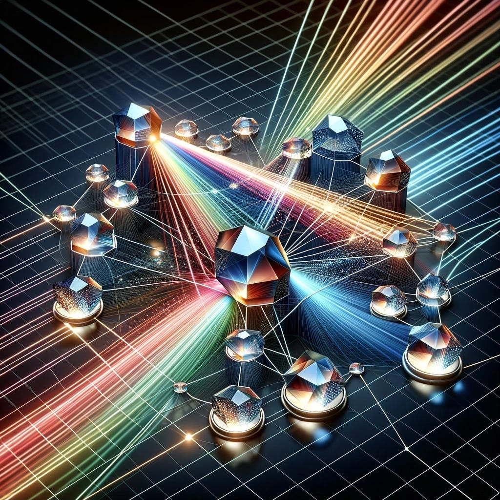This artistic rendering showcases a graph model symbolizing dynamic systems, where nodes and edges mimic the natural phenomena of light refraction and reflection. Nodes are depicted as prismatic crystals, bending and directing light in multiple directions, while edges act as mirrors, reflecting light beams. The dark background accentuates the vibrant colors of the light and the crystalline nature of the nodes, creating a visually stunning contrast that highlights the system’s complexity.