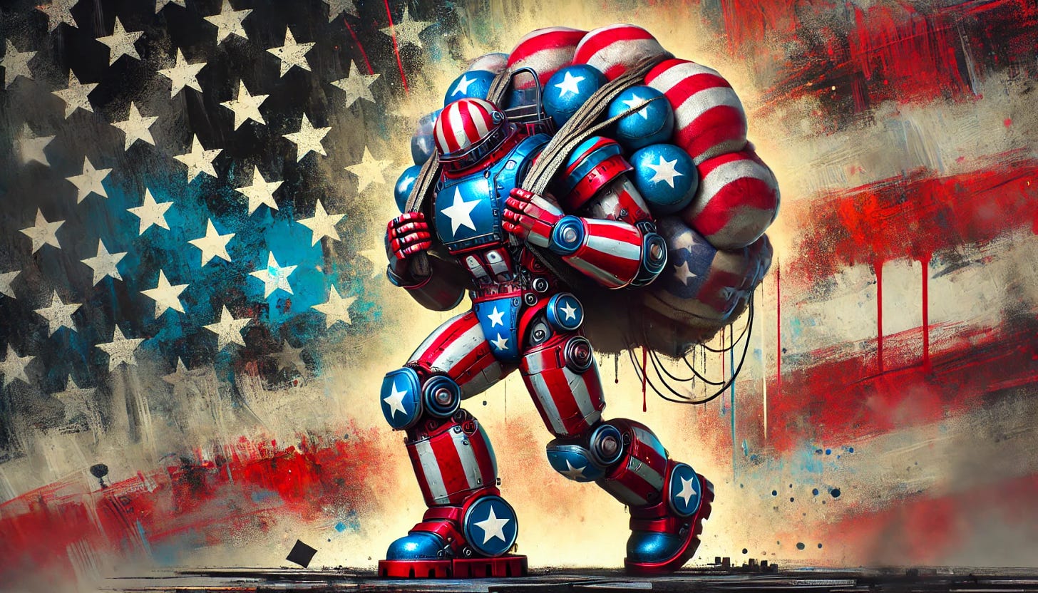 A patriotic robot carrying a heavy burden. The robot has a design inspired by American patriotic symbols, with red, white, and blue colors, stars, and stripes. It looks strong but strained under the weight of a massive, heavy object labeled 'Burden'. The background is abstract, with a mix of dark and bright colors to contrast the robot's struggle and patriotic elements. The overall mood emphasizes the robot's strength and determination while highlighting the weight of the burden.