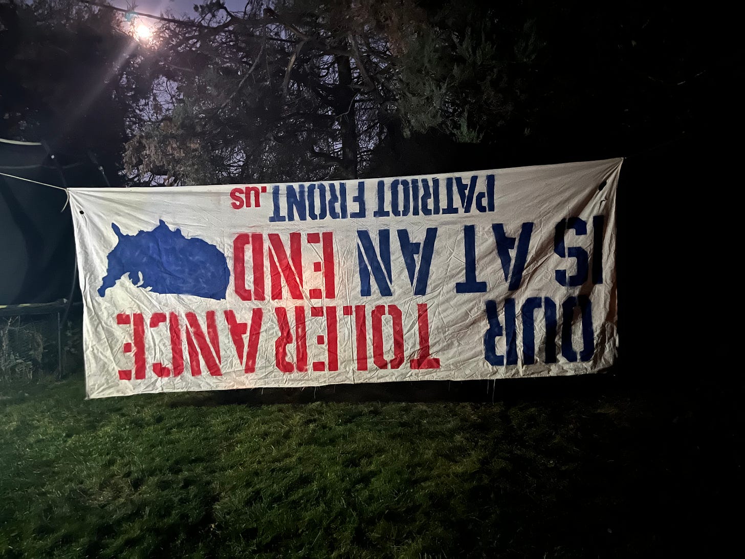 A photograph taken at night, of a flag made by the white supremacist group Patriot Front, which reads "OUR TOLERANCE IS AT AN END" in red and blue. It is hung upside down. Trees are visible in the background, and grass is visible below.
