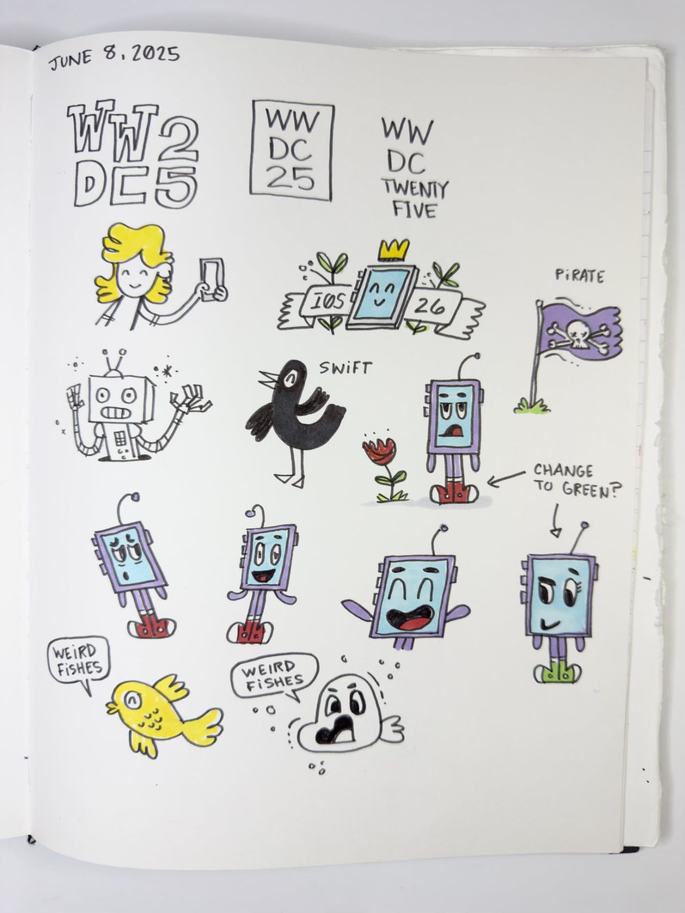a page from my sketchbook with cartoon drawings of robots, fishes, and birds.