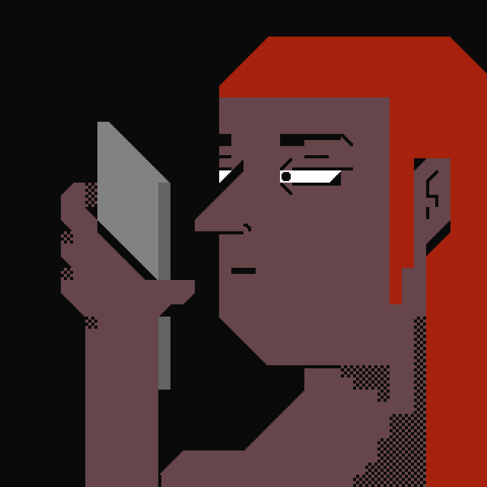 animation in a blocky pixel style - a man holds a phone in front of his face. the screen illuminates his face with a succession of fast, flashing colours. he is expressionless, but seems somehow content.