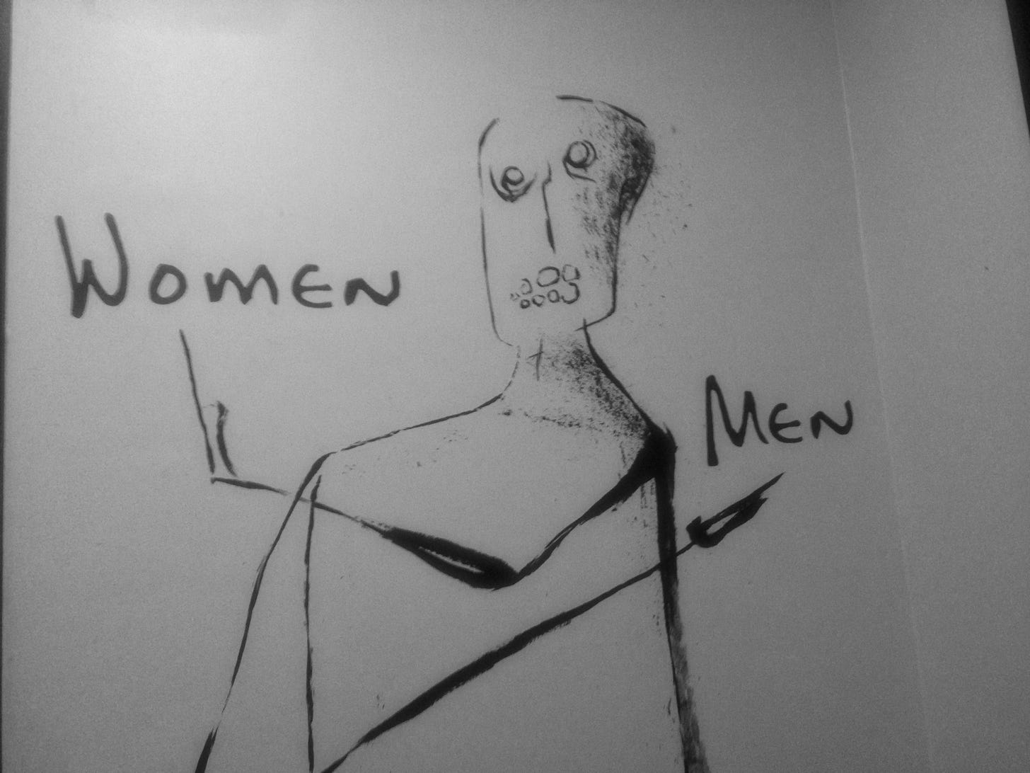 Line drawing of a creepy sort of figure separating "women" and "men" 