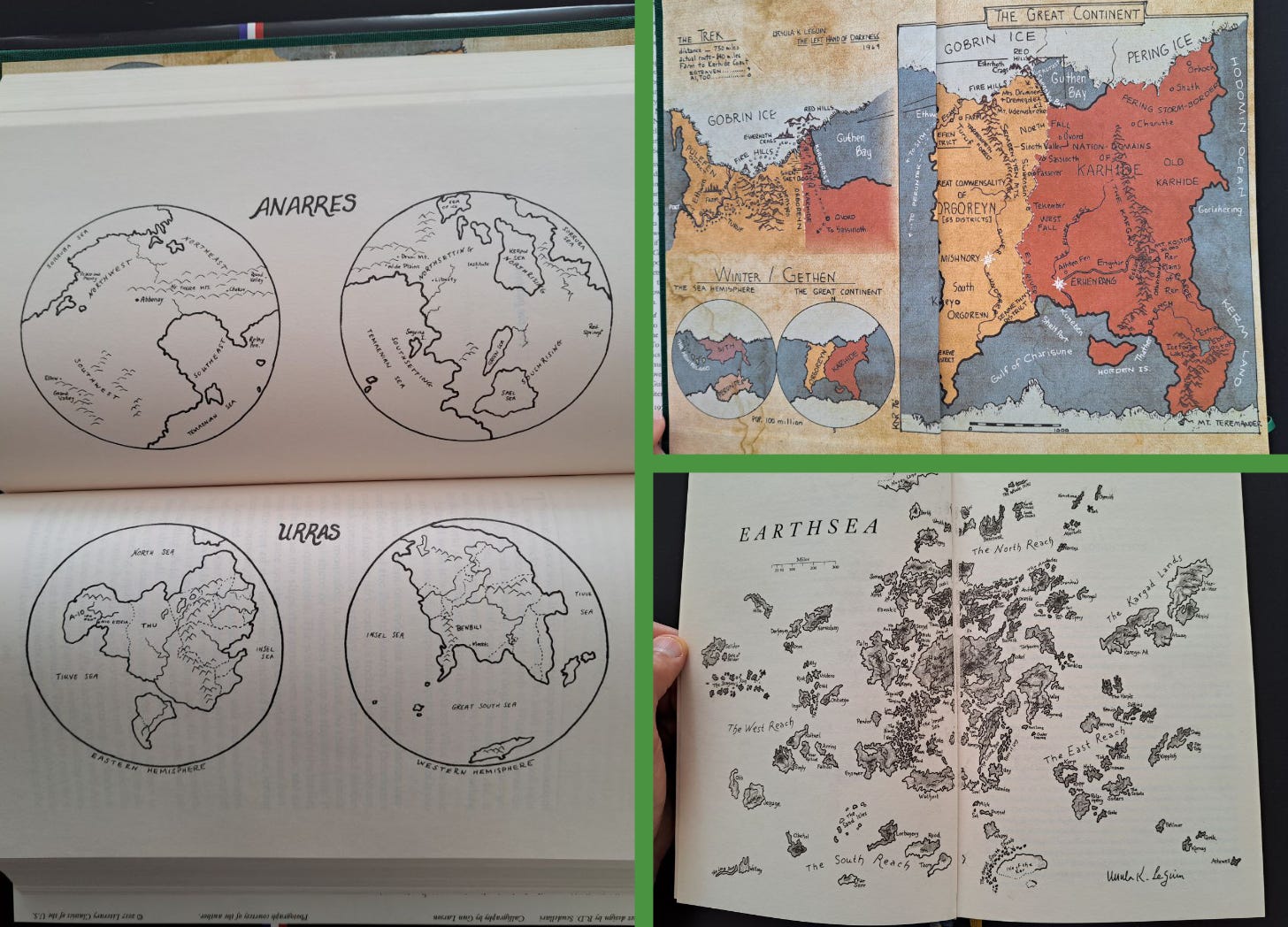 Three photographs of planetary maps included in Le Guin’s work, Gethen, Anarres, Urras, and Earthsea.