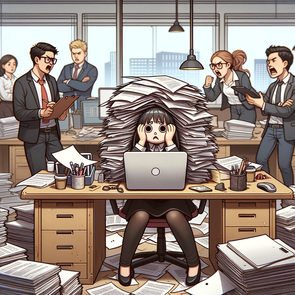 An illustration of an Asian girl overwhelmed by paperwork at her desk. She appears stressed and buried under a large pile of files and documents. Surrounding her are several coworkers, visibly angry and frustrated, standing at her desk. The office environment is busy and chaotic, with computers, office supplies, and coffee cups scattered around. The scene captures a stressful workplace atmosphere, emphasizing the pressure and tension among the employees.